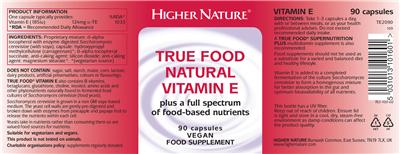Photo of the Higher Nature True Food Natural Vitamin E label