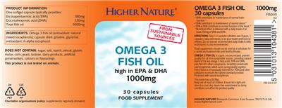 Photo of the Higher Nature Omega 3 Fish Oil 1000 mg label