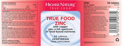 Photo of the Higher Nature True Food Zinc label