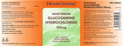 Photo of the Higher Nature Vegetarian Glucosamine Hydrochloride 800 mg label
