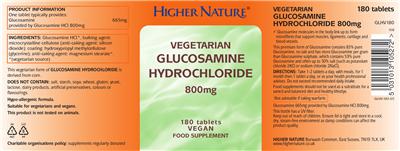 Photo of the Higher Nature Vegetarian Glucosamine Hydrochloride 800 mg label