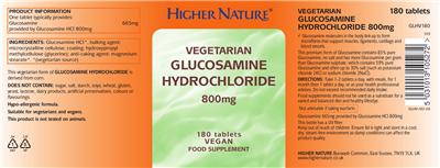 Photo of the Higher Nature Vegetarian Glucosamine Hydrochloride 800 mg label