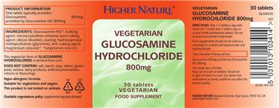 Photo of the Higher Nature Vegetarian Glucosamine Hydrochloride 800 mg label