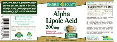 Photo of the Nature's Bounty Super Alpha Lipoic Acid 200 mg label