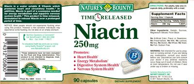 Photo of the Nature's Bounty Time Released Niacin 250 mg label