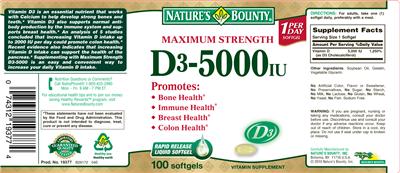 Photo of the Nature's Bounty Maximum Strength D3-5000 IU label