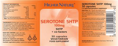 Photo of the Higher Nature Serotone 5HTP 100 mg label