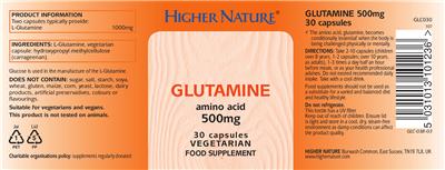 Photo of the Higher Nature Glutamine Amino Acid 500 mg label
