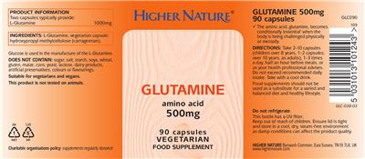 Photo of the Higher Nature Glutamine Amino Acid 500 mg label