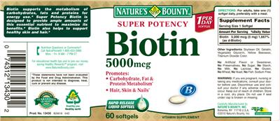 Photo of the Nature's Bounty Super Potency Biotin 5000 mcg label