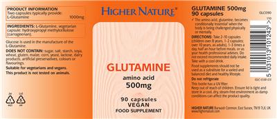 Photo of the Higher Nature Glutamine Amino Acid 500 mg label