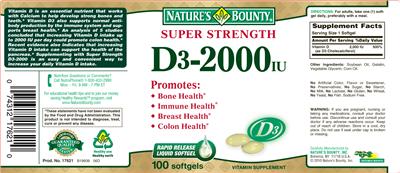 Photo of the Nature's Bounty Super Strength D3-2000 IU label
