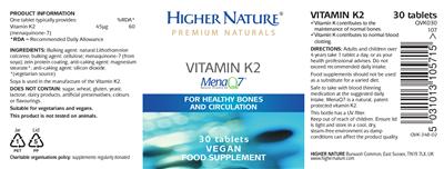 Photo of the Higher Nature Vitamin K2 label