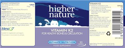 Photo of the Higher Nature Vitamin K2 label