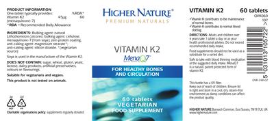 Photo of the Higher Nature Vitamin K2 label