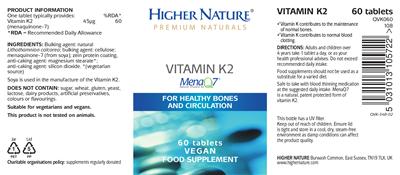 Photo of the Higher Nature Vitamin K2 label