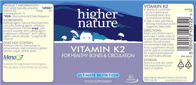 Photo of the Higher Nature Vitamin K2 label