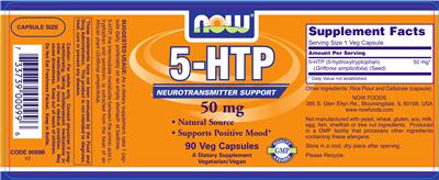 Photo of the NOW 5-HTP 50 mg label