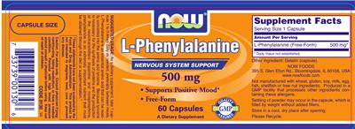 Photo of the NOW L-Phenylalanine 500 mg label