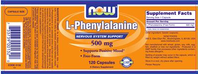 Photo of the NOW L-Phenylalanine 500 mg label