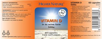 Photo of the Higher Nature Vitamin D 500 IU label