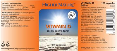 Photo of the Higher Nature Vitamin D 500 IU label