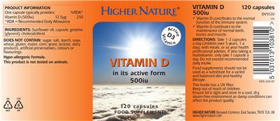 Photo of the Higher Nature Vitamin D 500 IU label