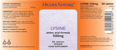 Photo of the Higher Nature Lysine 500 mg label