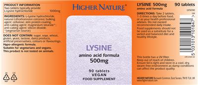 Photo of the Higher Nature Lysine 500 mg label