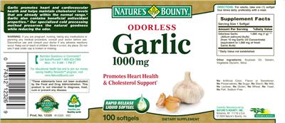 Photo of the Nature's Bounty Odorless Garlic 1000 mg label