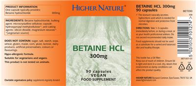 Photo of the Higher Nature Betaine HCL 300 mg label