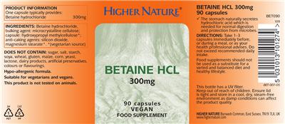 Product label for Betaine HCL 300 mg