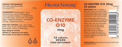 Photo of the Higher Nature Co-Enzyme Q10 30 mg label