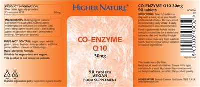Photo of the Higher Nature Co-Enzyme Q10 30 mg label