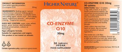 Photo of the Higher Nature Co-Enzyme Q10 30 mg label