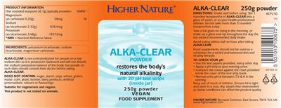 Photo of the Higher Nature Alka-Clear Powder label