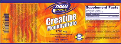 Photo of the NOW Sports Creatine Monohydrate 1200 mg label