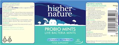 Photo of the Higher Nature Probio Mints label