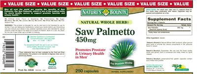 Photo of the Nature's Bounty Saw Palmetto 450 mg label