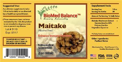 Photo of the BioMed Balance Maitake (Alcohol Free) label