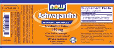 Photo of the NOW Ashwagandha Standardized Extract 450 mg label