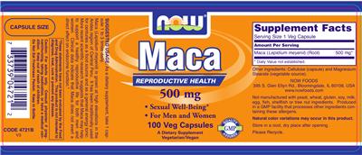Photo of the NOW Maca 500 mg label