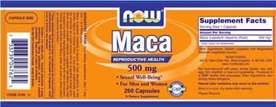 Photo of the NOW Maca 500 mg label