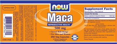 Photo of the NOW Maca 500 mg label