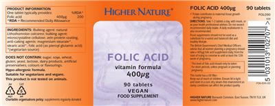 Photo of the Higher Nature Folic Acid 400 mcg label