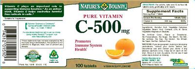 Photo of the Nature's Bounty Pure Vitamin C-500 mg label