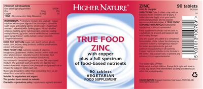 Photo of the Higher Nature True Food Zinc label