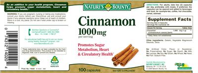 Photo of the Nature's Bounty Cinnamon 1000 mg label