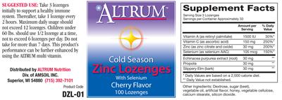 Photo of the Altrum Cold Season Zinc Lozenges With Selenium Cherry Flavor label