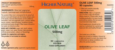 Photo of the Higher Nature Olive Leaf 500 mg label